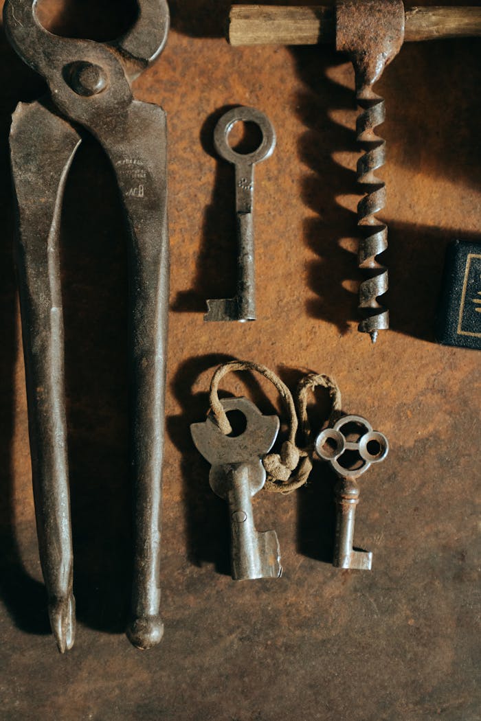 A selection of antique tools and keys displayed in a flat lay on a rusty surface for a vintage aesthetic.